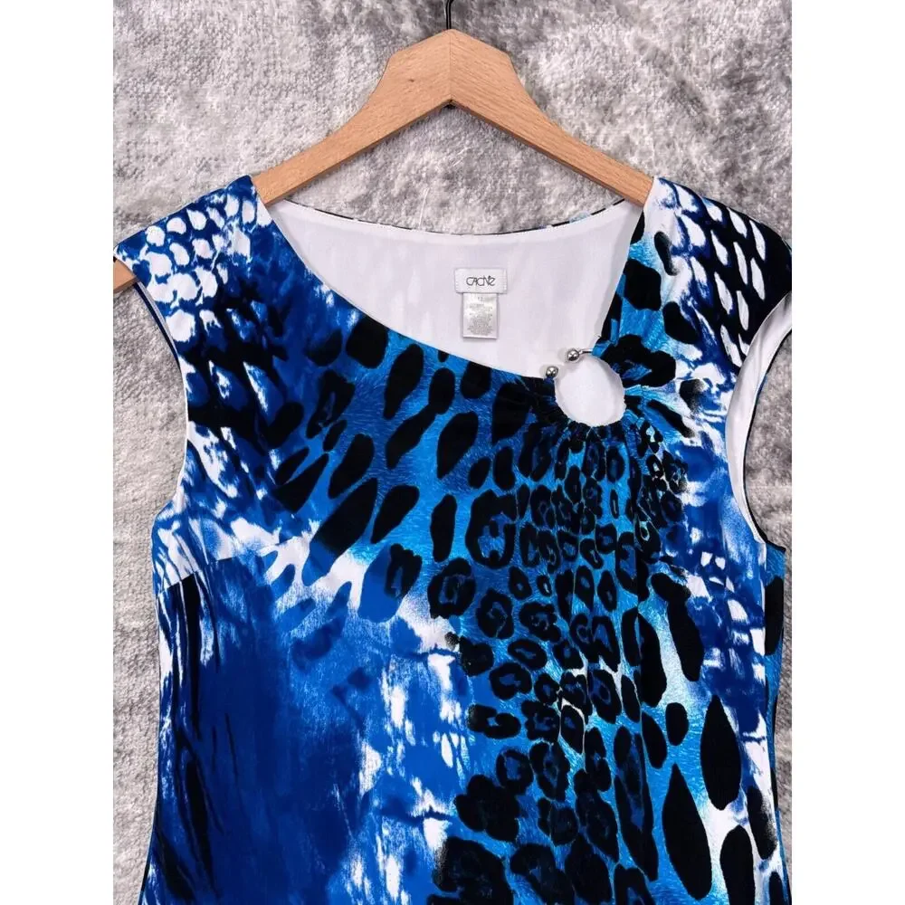 Cache Dress 12 Womens Blue Abstract Leopard Sheath Cocktail